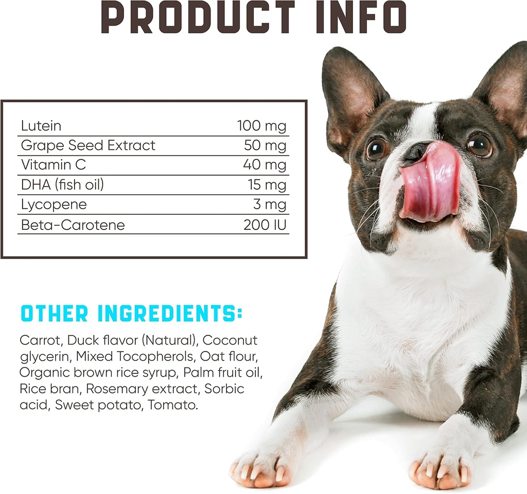 Eye Vitamins for Dogs - Dog Vision Supplement for Tear Stains, Dog Eye Care, Immune Support - Vitamin С, Carrot, Fish Oil, Lutein - 180 Soft Chews with Duck Flavor - for All Breeds and Ages 4