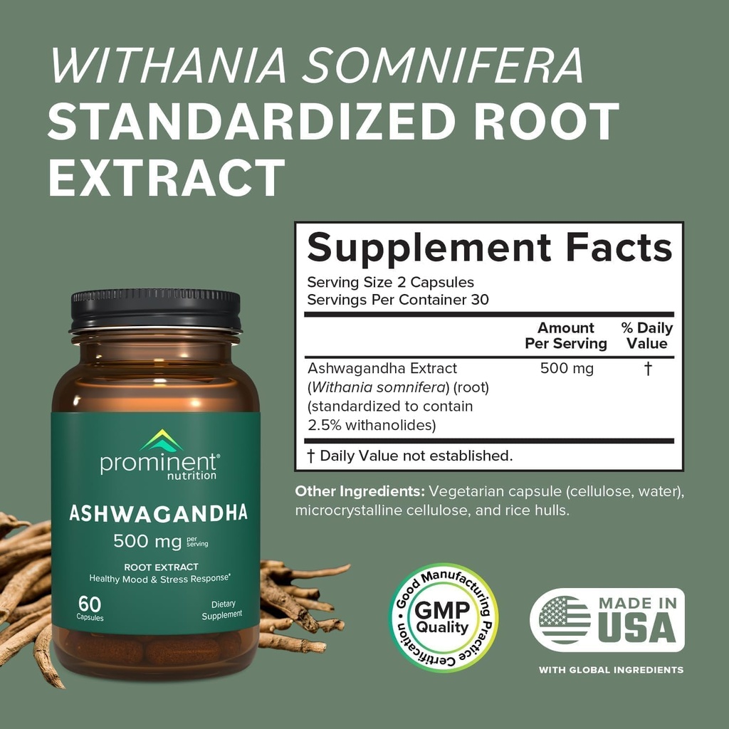 Prominent Nutrition Ashwagandha Supplement - Clinically Researched Shagandha Root Extract for Healthy Mood & Stress Support, Standardized to 2.5% Withanolides, 500 mg, 60 Vegan Capsules - 1 Pack 3