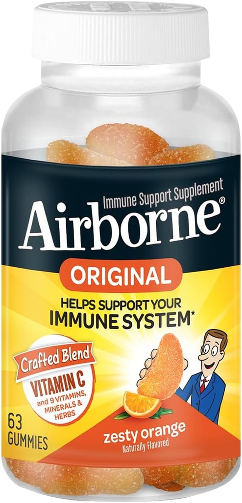 Airborne Vitamin C 750mg (per Serving) Zesty Orange Flavored Gummies (63 Count in a Bottle), Gluten-Free Immune Support Supplement with Vitamins A C E, Selenium, Echinacea & Ginger 4