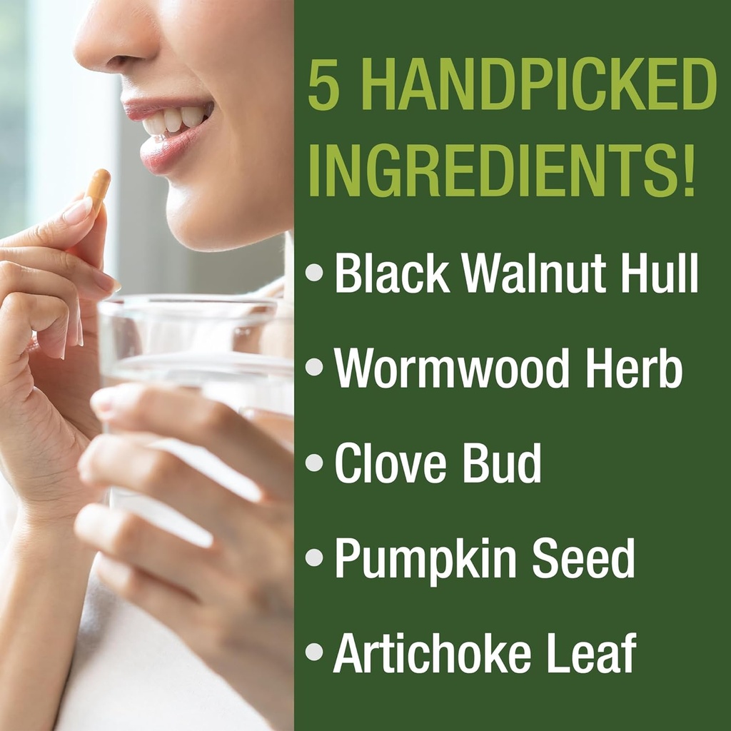 Wormwood Black Walnut Clove Cleanse for Humans. Elimination Detox + Intestinal Support Capsules Supplement for Adults and Kids. Pills with Artichoke and Pumpkin Seed for Additional Benefits 4