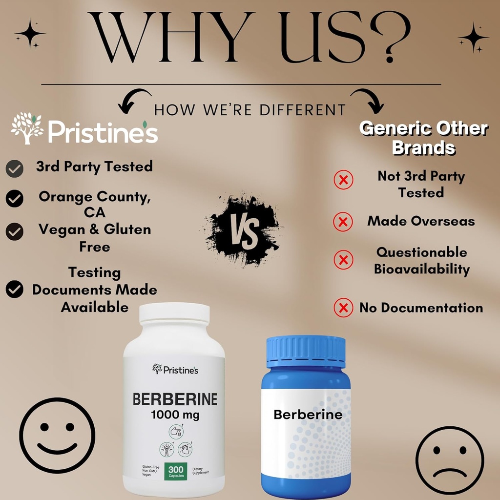 PRISTINE'S Berberine Supplement Capsules - 1000 MG 75 Day Supply - Heart, & Immunity Health Support Antioxidant - Digestive Tract & Healthy Gut Flora Support 5