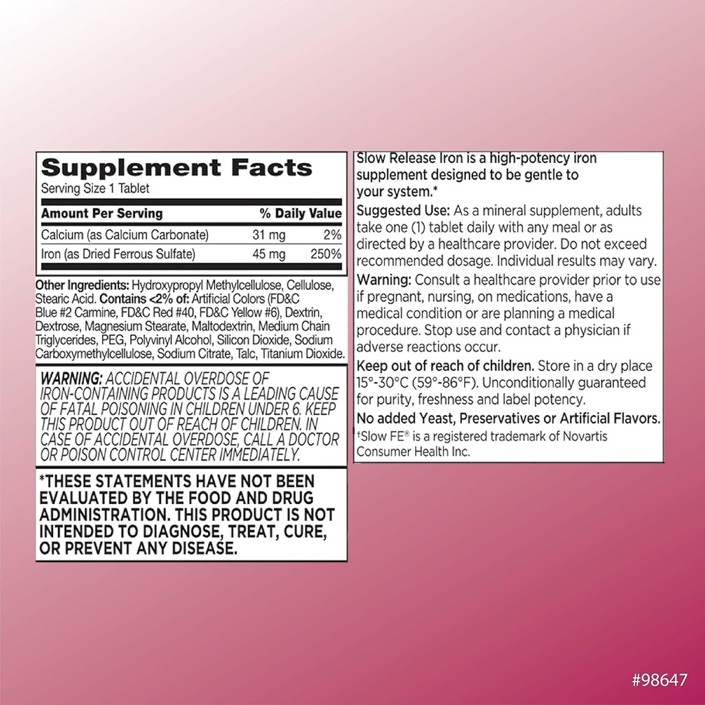 Quality Choice Iron High Potency Slow Release Tablets, 45mg, 60 Tabets Each (Pack of 6) 3