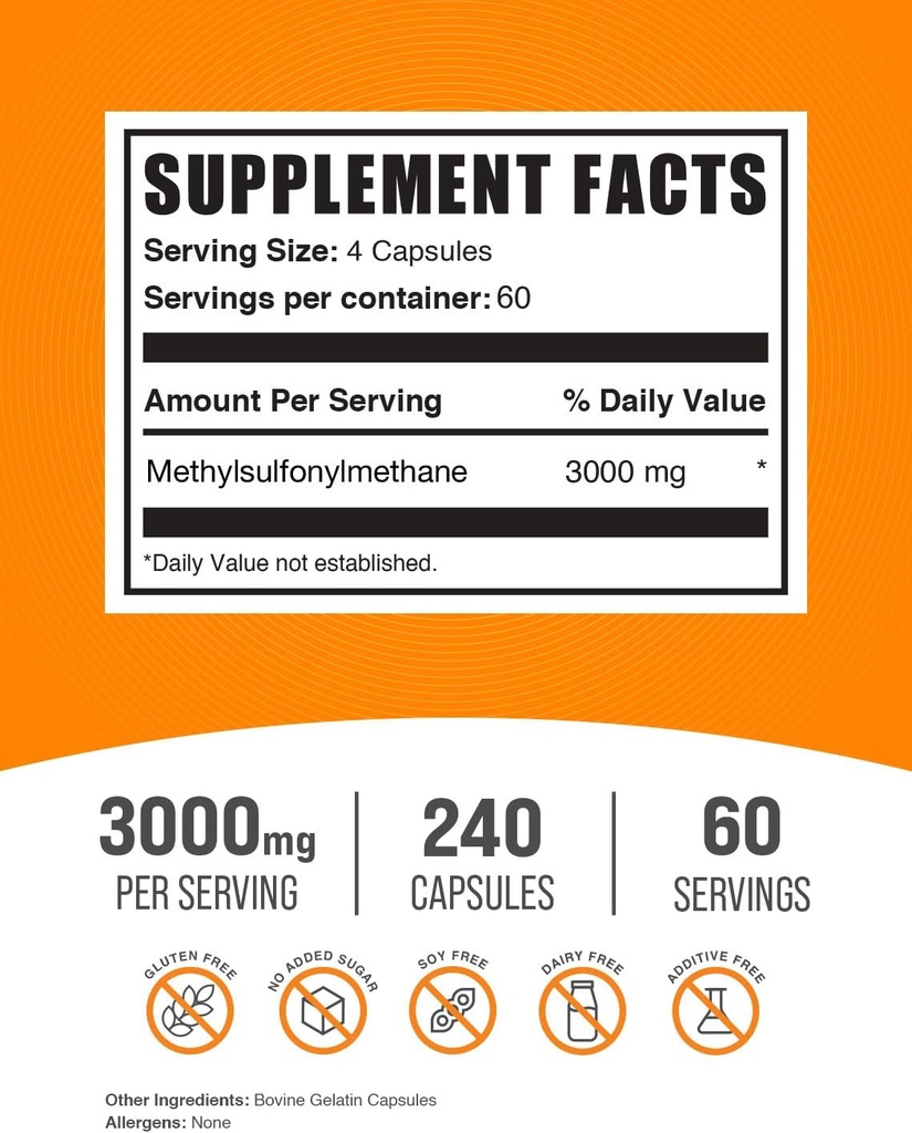 BulkSupplements.com MSM Capsules - Methylsulfonylmethane, MSM 3000mg - Joint Supplements, Gluten Free, 4 Capsules per Serving, 240 Count (Pack of 1) 3