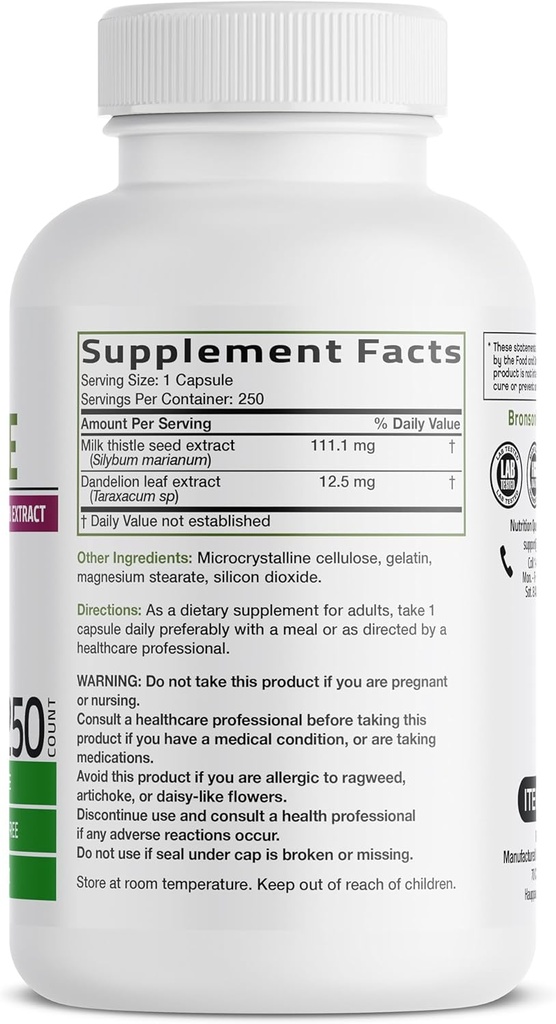 Bronson Milk Thistle Silymarin Marianum & Dandelion Root Liver Health Support, Antioxidant Support, Detox, 250 Capsules 3
