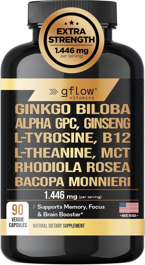 Ginkgo Biloba Alpha GPC Supplement with Panax Ginseng L Tyrosine with L Theanine, Bacopa monnieri, Rhodiola Rosea, Phosphatidylserine, B12, MCT, DMAE - Complex | Made in USA 2