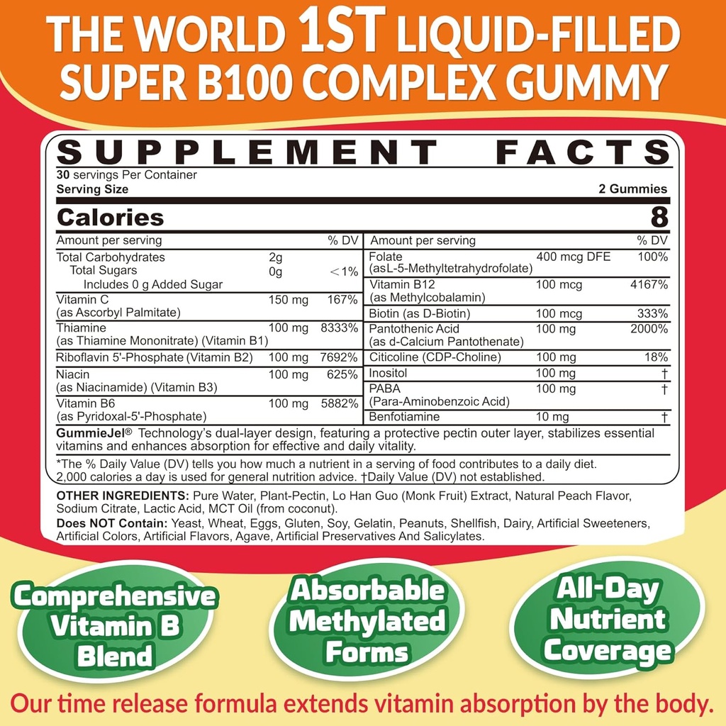 Super Vitamin B Complex Gummies - All B Vitamins Including Methyl B12, B1, B2, B3, B5, B6, Biotin, Methylfolate with Vitamin C, Choline, Inositol, PABA for Energy, Brain & Immune Support, Sugar Free 3