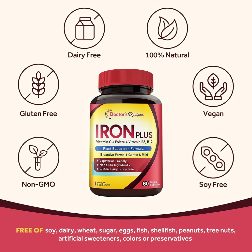 Doctor's Recipes Iron Supplement, Iron Bisglycinate with Vitamin C, B6, Folate & B12, Non-Constipating, Stomach Friendly, Gentle Iron Pills for Iron Deficiency, Blood & Energy Support, 60 Vegan Caps 6