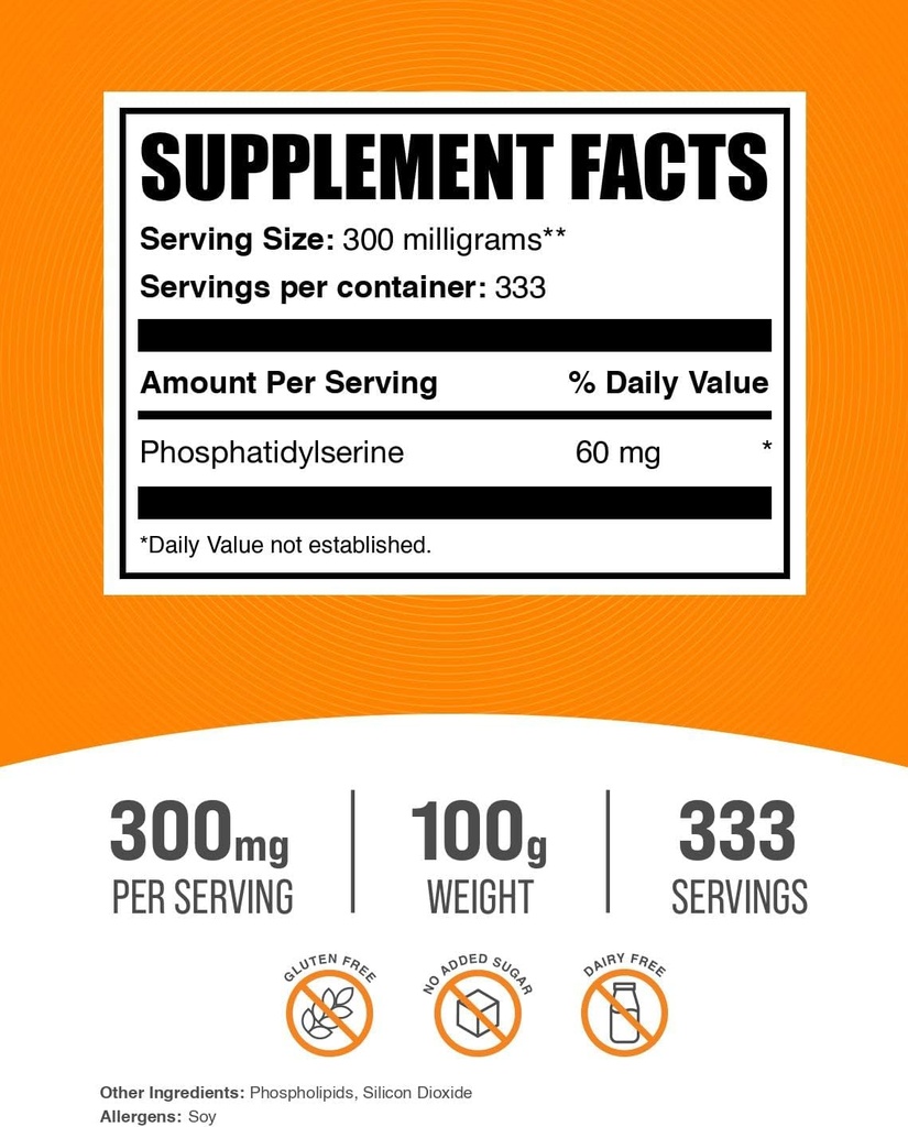 BulkSupplements.com Phosphatidylserine Powder - Phosphatidylserine Supplement, Sourced from Soy Beans - 300mg per Serving (60mg of Phosphatidylserine), 100g (3.5 oz) (Pack of 1) 3