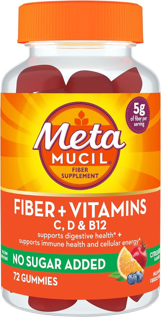 Metamucil Fiber Suplement 72 Gummies, Fiber + Vitamins C,D & B12 no Sugar Added, Support Digestive healt + Support Immune Health, Citrus Berry Flavor. 2