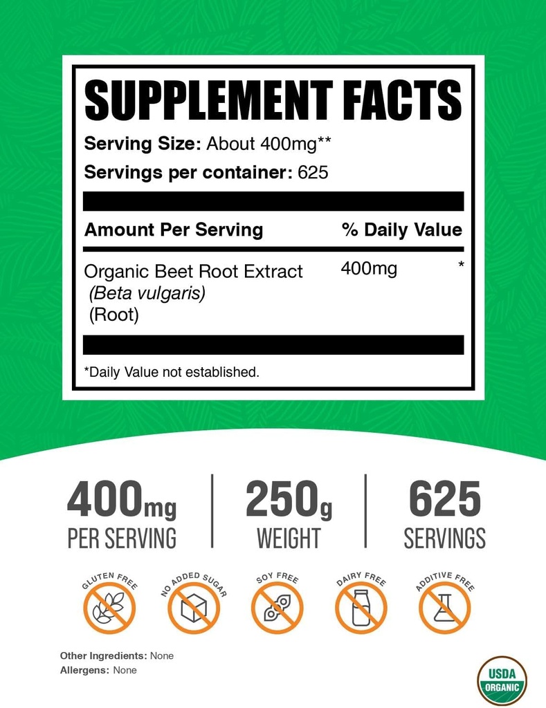 BulkSupplements.com Organic Beet Root Extract Powder - Beet Root Powder, Nitric Oxide Supplement - Vegan & Gluten Free, 400mg per Serving, 250g (8.8 oz) (Pack of 1) 3