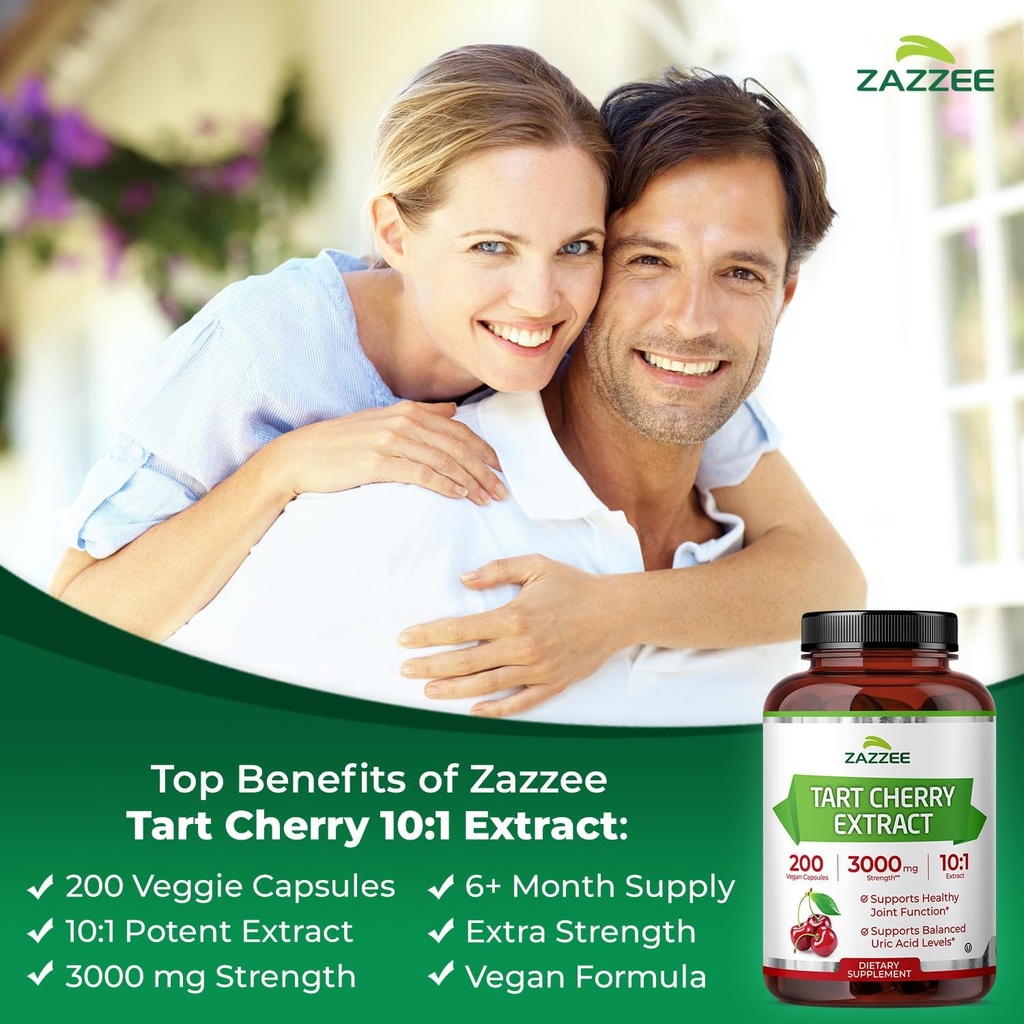 Zazzee Tart Cherry 10:1 Extract, 3000 mg Strength, 200 Vegan Capsules, 6+ Month Supply, Certified Kosher, Concentrated and Standardized 10X Extract, 100% Vegetarian, All-Natural, Gluten Free, Non-GMO 3