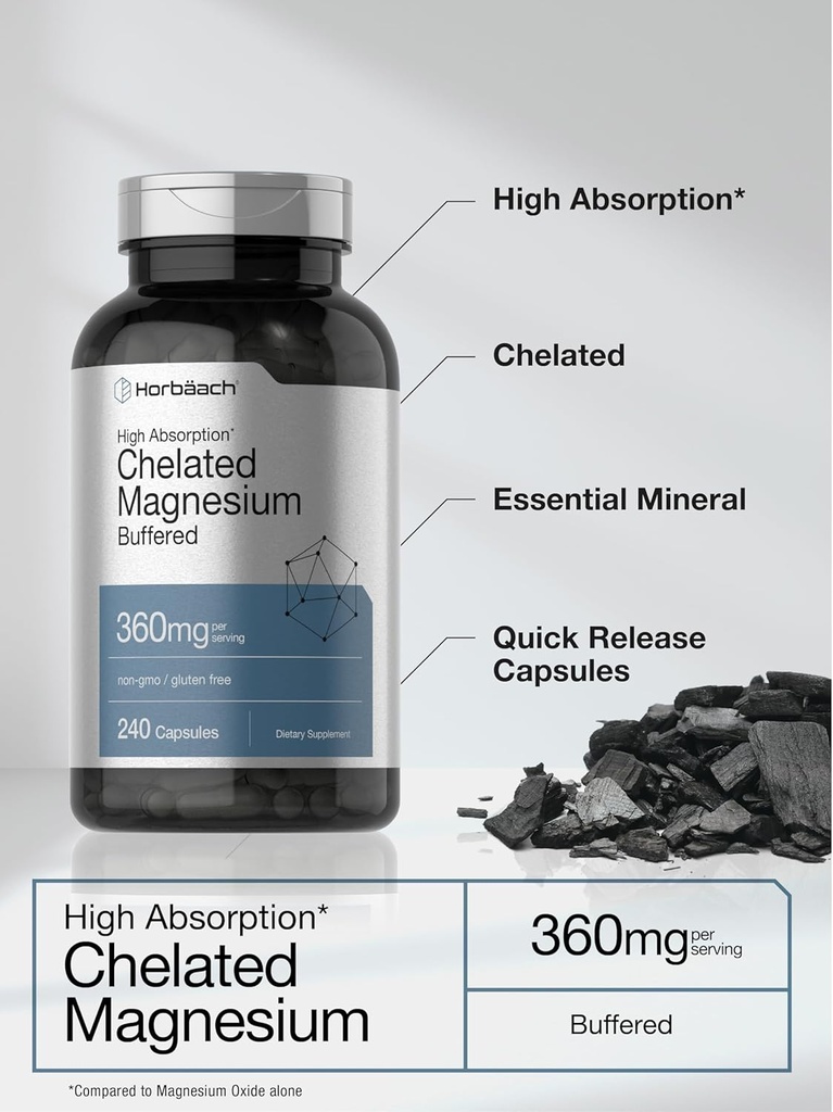 Horbäach Chelated Magnesium | 360mg | 240 Capsules | Non-GMO & Gluten Free Supplement 5