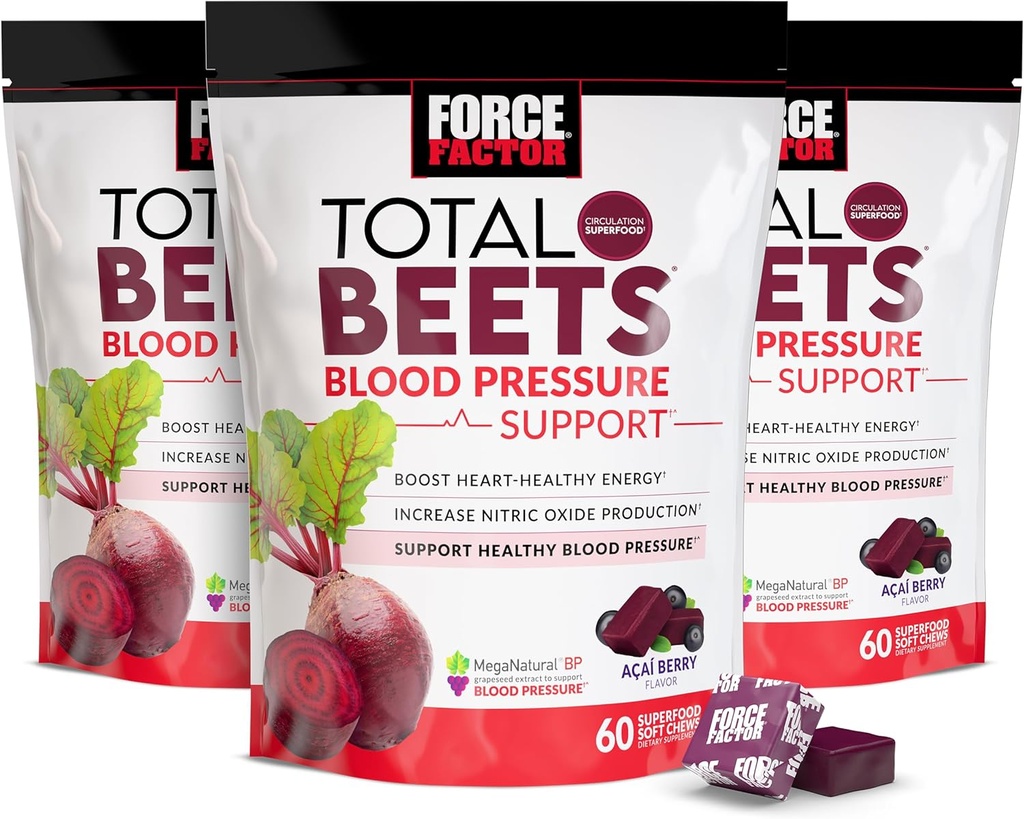 Force Factor Total Beets Blood Pressure Support Supplement with Beets Powder, Great-Tasting Chewables for Heart-Healthy Energy, and Increased Nitric Oxide, 180 Chews, 3-Pack 2