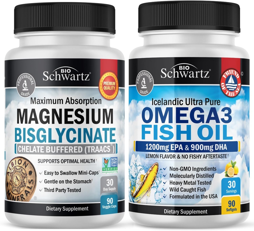 Magnesium Bisglycinate 180 Count + Omega 3 Fish Oil 90 Count Bundle 2