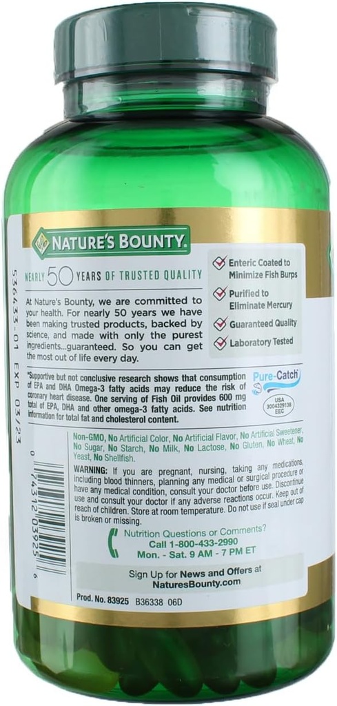 Nature's Bounty Fish Oil 1000 mg Omega-3, 220 Odorless Softgels (Pack of 3) 4
