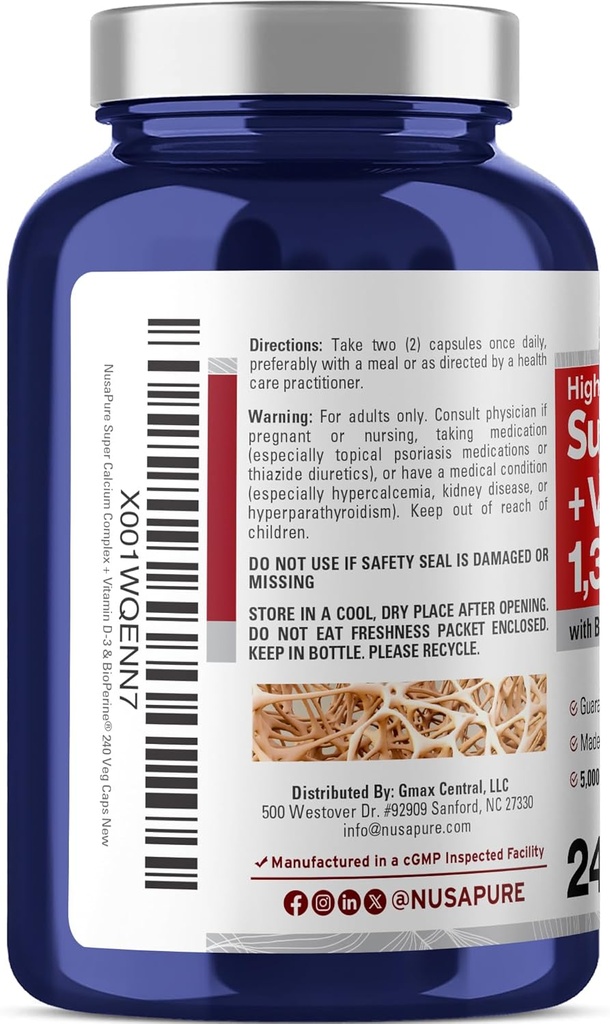 NusaPure Super Calcium 1300mg, Vitamin D3-240 Veggie Caps (Non-GMO, Soyfree, Bioperine) 4