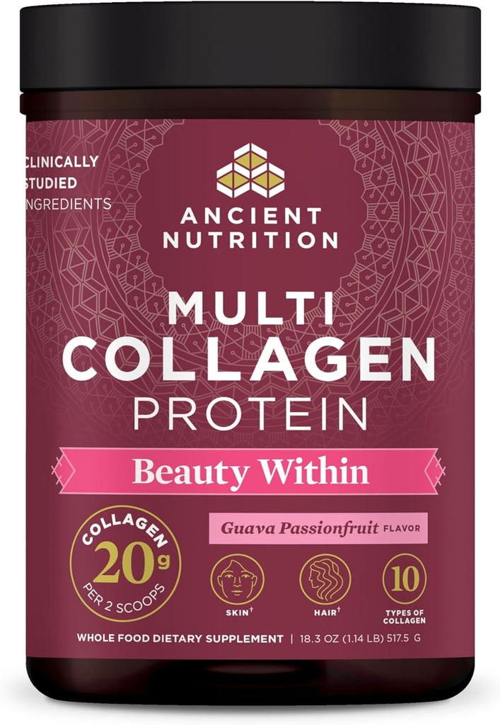 Ancient Nutrition Collagen Powder Protein, Multi Collagen Protein Beauty Within, Guava Passionfruit, with Vitamin C, Hydrolyzed Collagen Peptides Supports Healthy Skin and Nails, 18.3oz 2