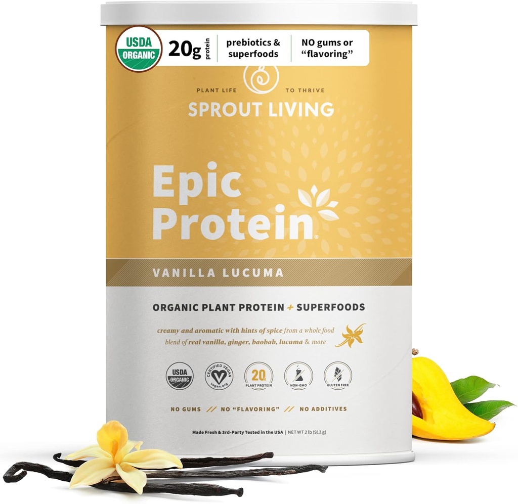 Sprout Living Epic Protein, Plant Based Protein & Superfoods Powder, Vanilla Lucuma Powder | 20 Grams Organic Protein Powder, Vegan, Non Dairy, Non-GMO, Gluten Free, Low Sugar (2 Pound, 24 Servings) 2
