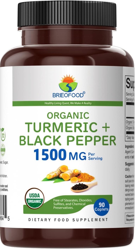 Brieofood Organic Turmeric with Black Pepper 1500mg, 45 Servings, Vegetarian, Gluten Free, 90 Vegetarian Tablets 3