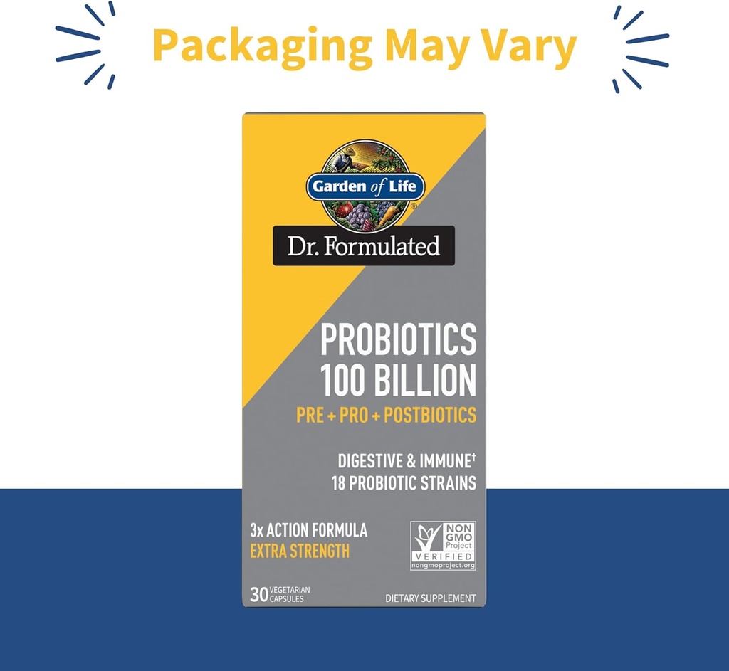 Garden of Life Dr Formulated Once Daily 3-in-1 Complete Probiotics, Prebiotics & Postbiotics Supplement for Women and Men’s Digestive & Immune Health – Extra Strength, 100 Billion CFU, 30 Day Supply 3