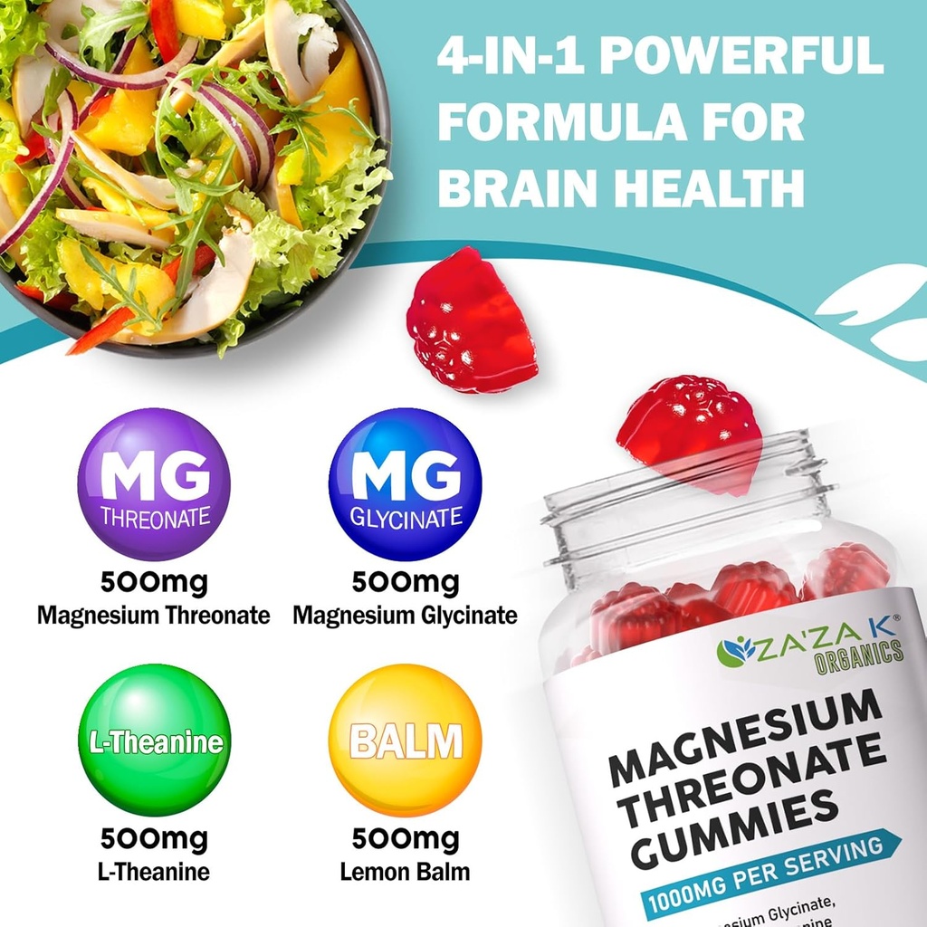 ZA'ZA K ORGANICS Magnesium Threonate Gummies, 500mg Magnesium Threonate with Glycinate, L-Theanine, Lemon Balm, Magnesium Supplement for Kids Adults, Brain Health, 60 Count 4