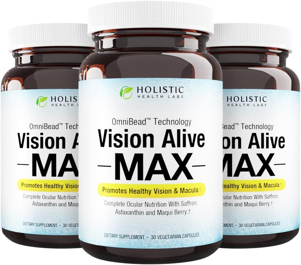 Holistic Health Labs Vision Alive Max with 8 Natural Ingredients Lutemax® 2020, Bilberries, Blueberries, c3g from Black Currant, Maqui Berry, Saffron, and Astaxanthin (30 Count (Pack of 3)) 2