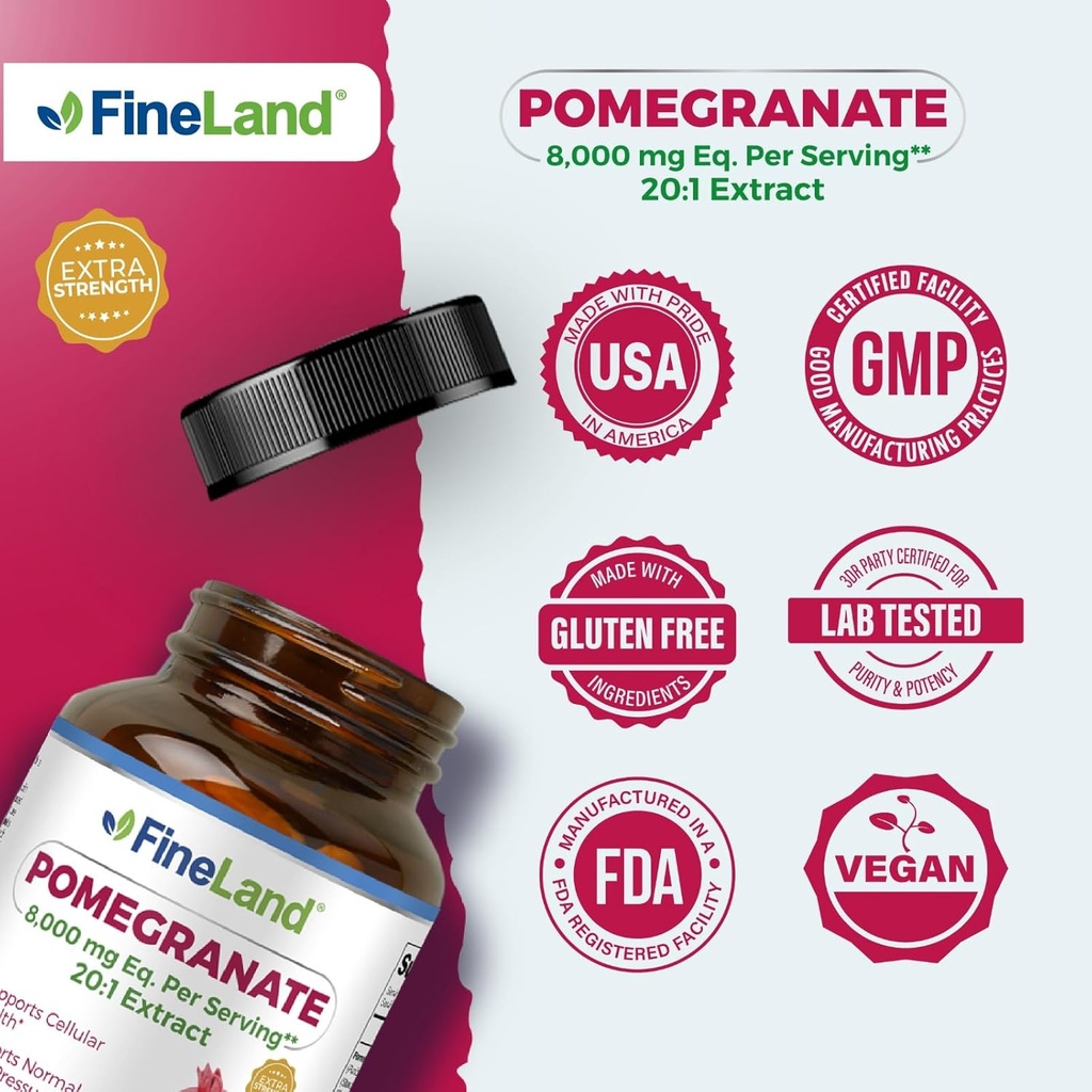 FineLand Pomegranate Extract 20:1, 8,000 mg Equivalent per Serving, 40% Ellagic Acid Standardized, Antioxidant Supplement for Cellular & DNA Health, 120 Veg Capsules, 4-Month Supply 5