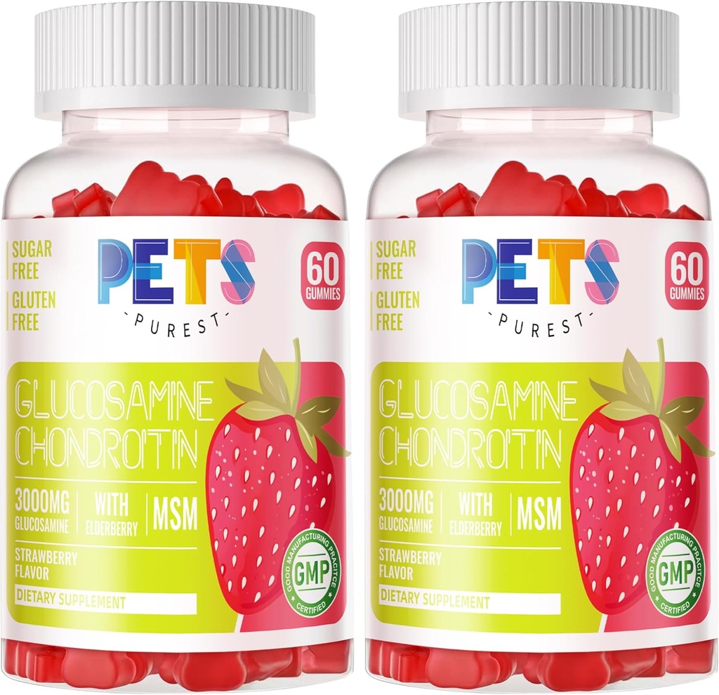 Pets Purest Glucosamine Chondroitin Gummies with MSM & Elderberry Extra Strength - Joint Support, Antioxidant Immune Support Supplement for Adults, Men & Women.(2 Pack) Strawberry 2