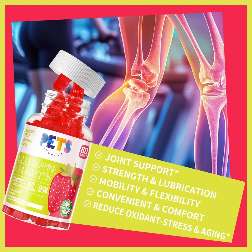Pets Purest Glucosamine Chondroitin Gummies with MSM & Elderberry Extra Strength - Joint Support, Antioxidant Immune Support Supplement for Adults, Men & Women.(2 Pack) Strawberry 5