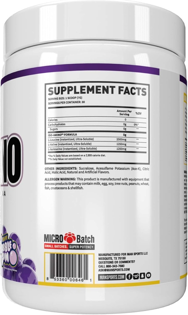 Man Sports ISO-Amino Pure Isolated BCAAs - Build Lean Muscle - Branched Chain Amino Acids Powder - Keto BCAA - Accelerate Recovery - 210 Grams, 30 Servings - Grape Bubble Gum 4