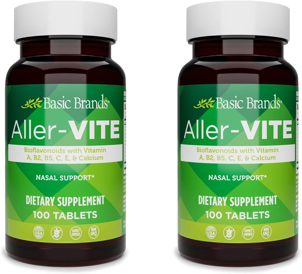 Basic Brands Aller-Vite - Natural Allergy Relief Tablets - Homeopathic Sinus & Nasal Support with Bioflavonoids, Vitamins A, B2, B5, C, E & Calcium - 100 Vegan Tablets - 2-Pack 2