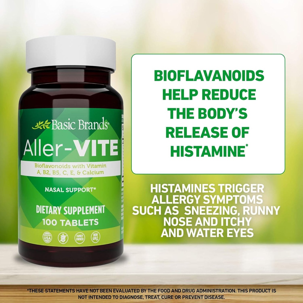 Basic Brands Aller-Vite - Natural Allergy Relief Tablets - Homeopathic Sinus & Nasal Support with Bioflavonoids, Vitamins A, B2, B5, C, E & Calcium - 100 Vegan Tablets - 2-Pack 4