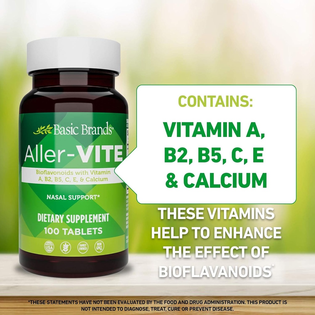 Basic Brands Aller-Vite - Natural Allergy Relief Tablets - Homeopathic Sinus & Nasal Support with Bioflavonoids, Vitamins A, B2, B5, C, E & Calcium - 100 Vegan Tablets - 2-Pack 5