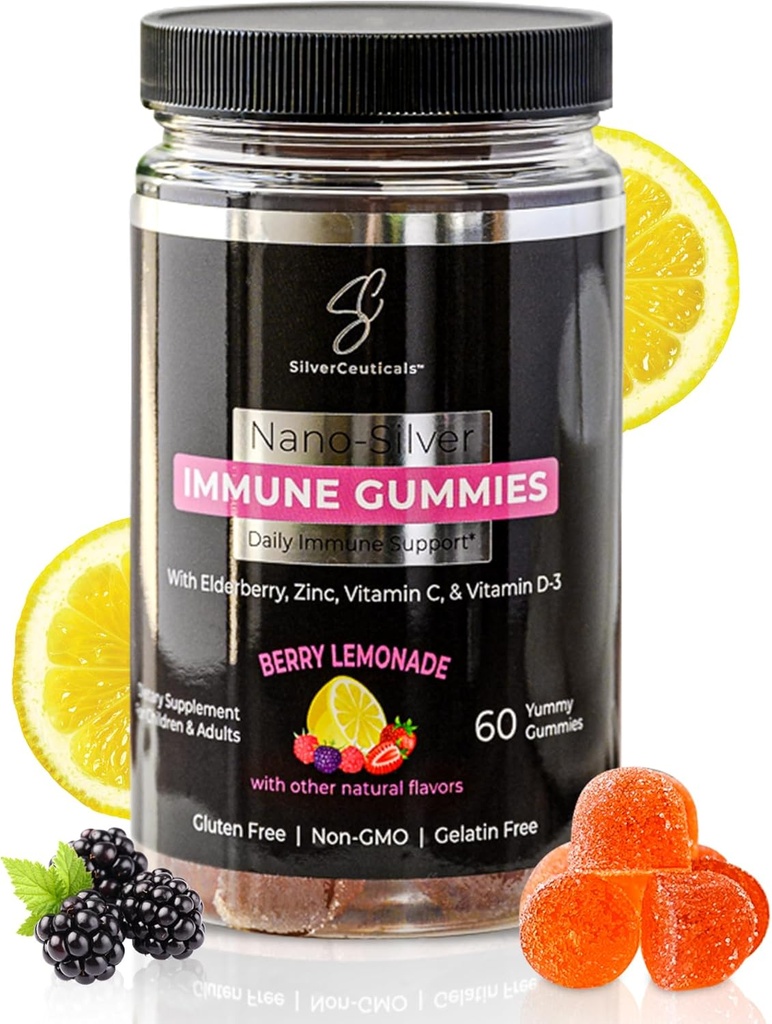 Immune Gummies - Sambucus Elderberry - Vitamin C & D - Zinc - Save Your Sick Days - Kids & Adults - Safe Ages 4 & Up - Nano Colloidal Silver - Gluten & Gelatin Free Non-GMO - Berry Lemonade - 60 Count 2