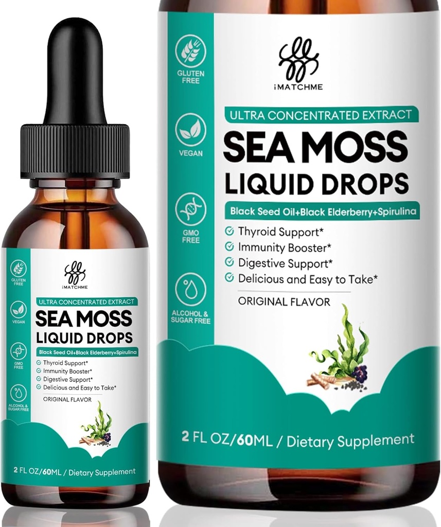 iMATCHME Sea Moss Black Seed Oil for Immune System, Gut, Skin & Energy, 7 in 1 Sea Moss Complex Liquid Drop with Spirulina, Black Elderberry, Burdock Root, Bladderwrack, Dragon Fruit Flavor, 2 Fl Oz 2