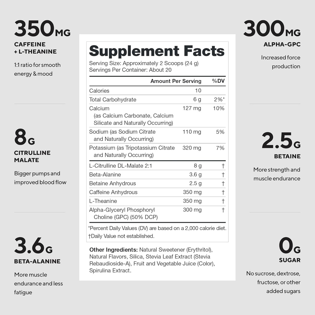 LEGION- All Natural Nitric Oxide Preworkout Drink to Boost Energy, Creatine Free, Naturally Sweetened, Beta Alanine, Citrulline, Alpha GPC (Grape) 3