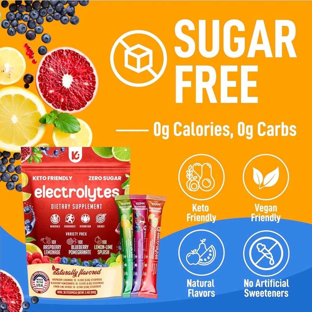 Keppi Electrolytes Powder Packets Assorted Flavors 30 Servings – No Sugar Hydration Supplement with Potassium, Magnesium, Sodium – Keto, Vegan, Fasting-Friendly, Zero Calorie Hydration Packets 5