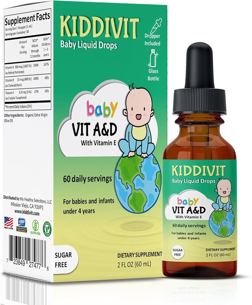 Kiddivit Baby Vitamin A&D Liquid Drops with Vitamin E – Gentle Immune & Vision Support Supplement – 60 Daily Servings, Dropper Included, Glass Bottle – Sugar Free, Gluten Free, Vegetarian, 2oz 2