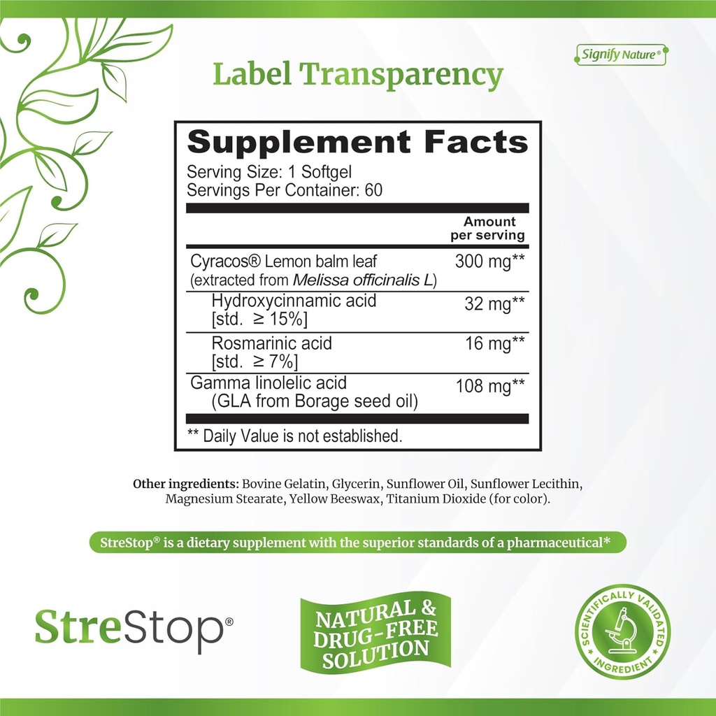 SIGNIFY NATURE StreStop – cortisol Manager – Adrenal Fatigue Supplements – cortisol Health – Adrenal Cortex – Lemon Balm – Adrenal Restore - Serotonin Booster 6