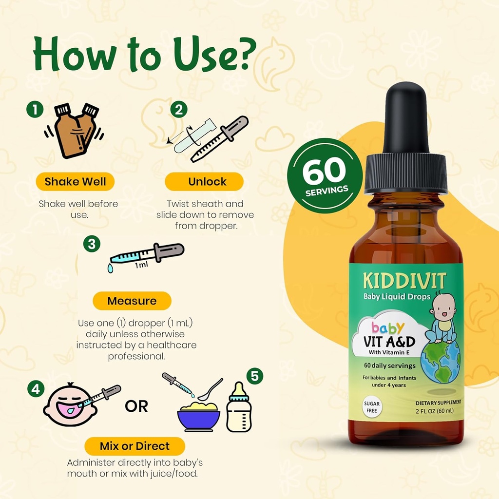 Kiddivit Baby Vitamin A&D Liquid Drops with Vitamin E – Gentle Immune & Vision Support Supplement – 60 Daily Servings, Dropper Included, Glass Bottle – Sugar Free, Gluten Free, Vegetarian, 2oz 5