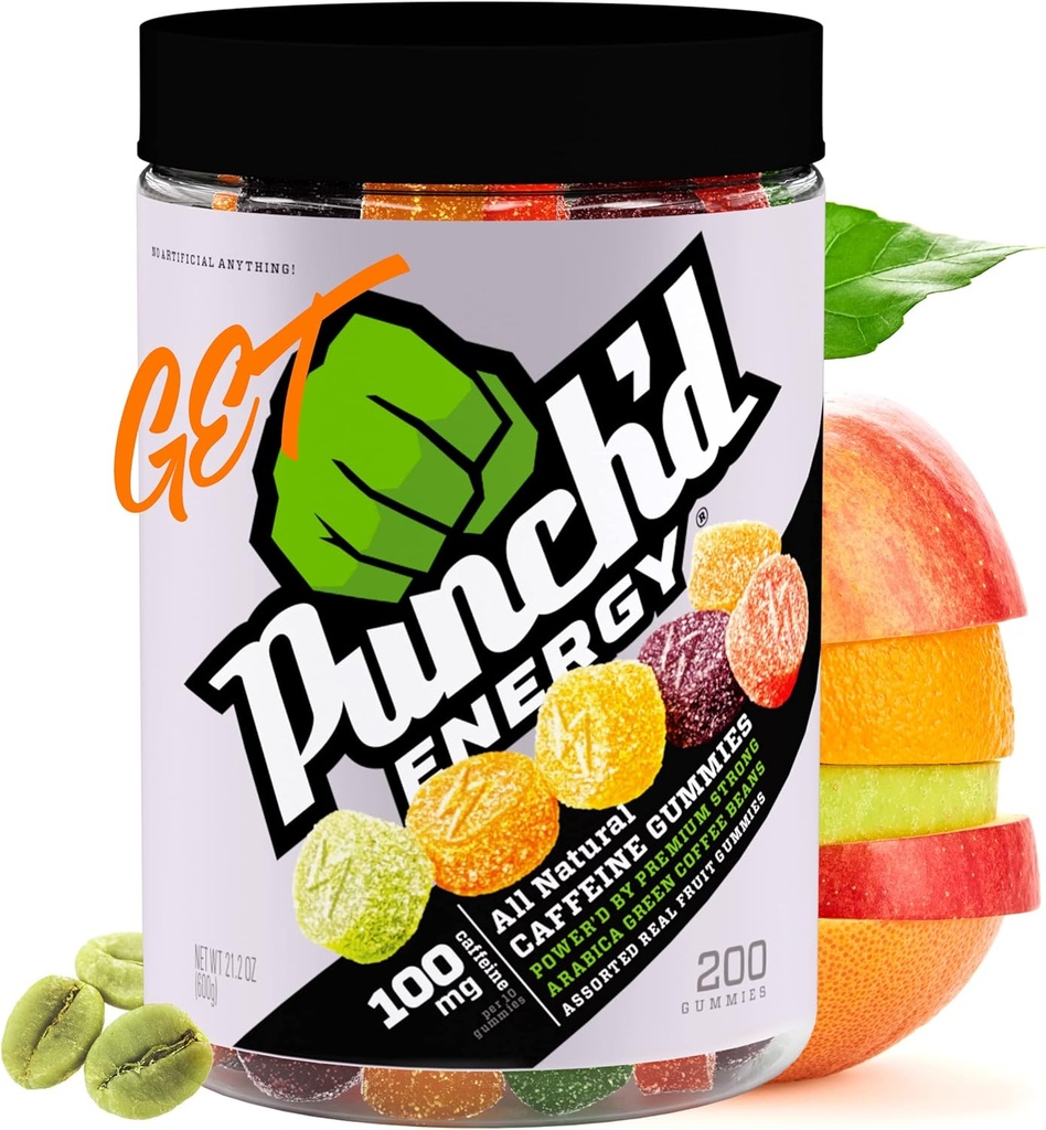 Punch'd Energy Natural Caffeine Gummies (200 Count Value Jar) 100mg of Caffeine per 10 Gummies, Clean Label, Ultra Low Glycemic, Low Calorie, Vitamin C 2