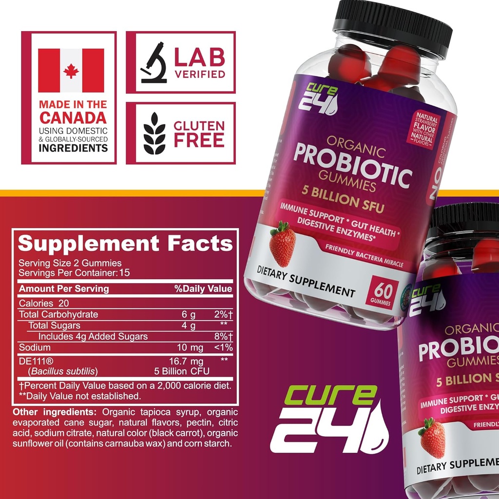 Organic probiotic Gummies 5 Billion CFUs, Max Strength Probiotics Gummy Supplement for Women and Men with Natural Strawberry Flavor 60 Gummies 4