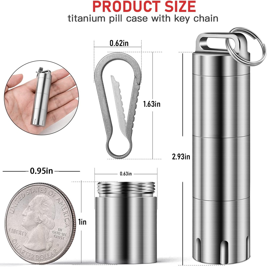 TISUR Titanium Small Pill Holder Keychain, Portable Pill Case Waterproof Pocket Pill Box Container Carrier to Hold Pills, Vitamins, Fish Oil, Supplements 3
