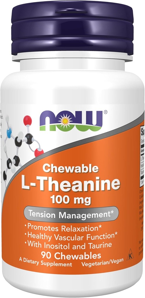 NOW Supplements, L-Theanine 100 mg with Inositol and Taurine, Tension Management*, 90 Chewables 2