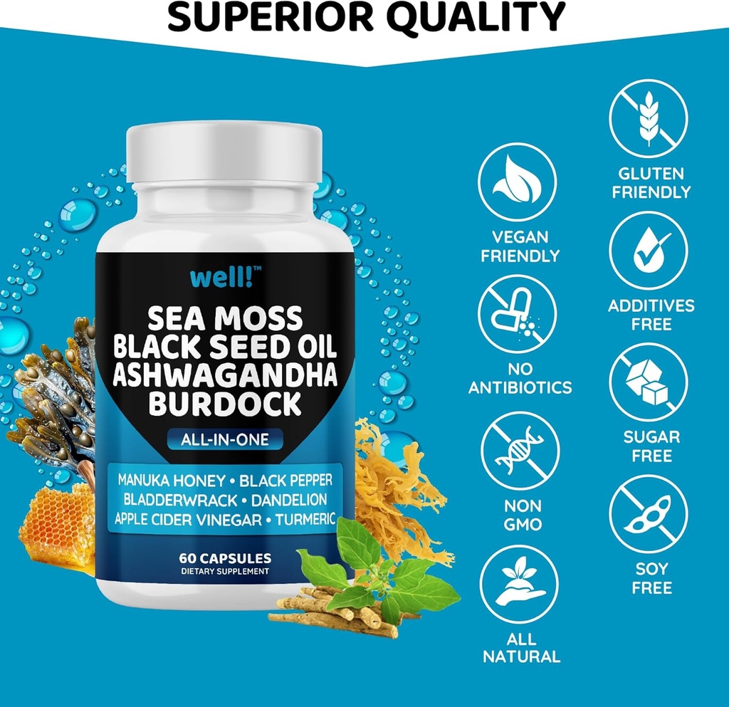 Sea Moss 3000, Black Seed Oil 2000, Ashwagandha 1000, Bladderwrack, Maca Turmeric - Manuka Honey, Dandelion & Black Pepper, Super Antioxidants Supplement,180 4