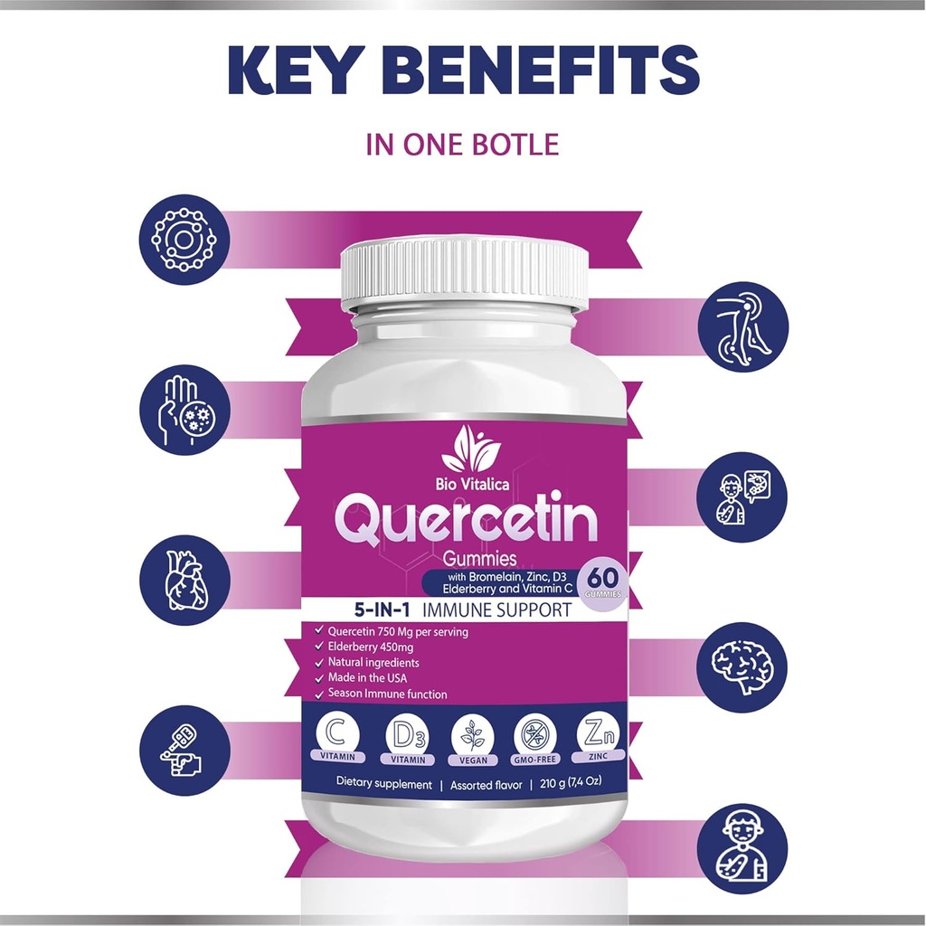 Quercetin Gummies by BioVitalica - Quercetin with Bromelain Vitamin C and Zinc & Elderberry + Vitamin D3-5 in 1 Immune Support - Zinc Quercetin 750 mg for Kids and Adult (6, Quercetin) 4