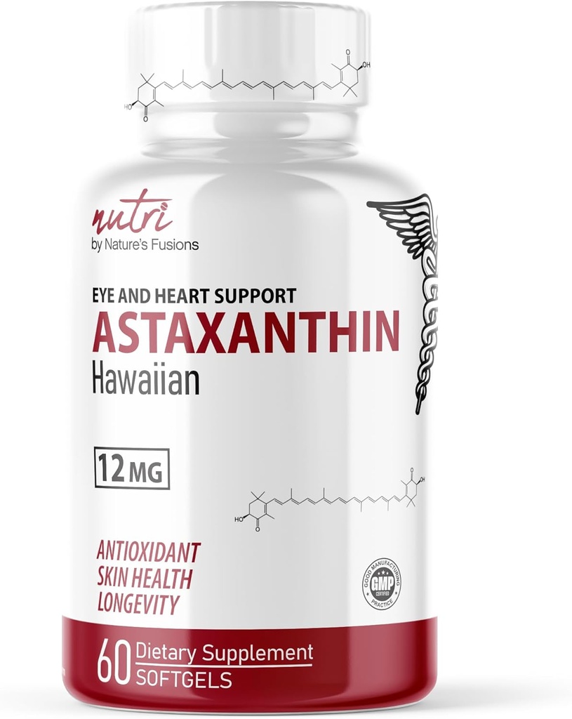 Nature's Fusions Nutri Astaxanthin 12mg Max Strength - Premium Supplements Grown in Hawaii - Powerful Antioxidant, Promotes Heart and Eye Health - 60 Softgels for Fast Absorption 2