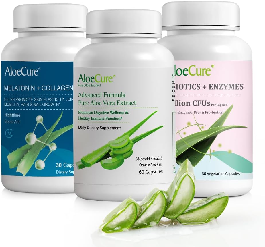 AloeCure Organic Aloe Vera Capsules Pack - 3 Pieces - Melatonin + Collagen, Aloe Vera Capsules, Probiotic + Enzyme 2