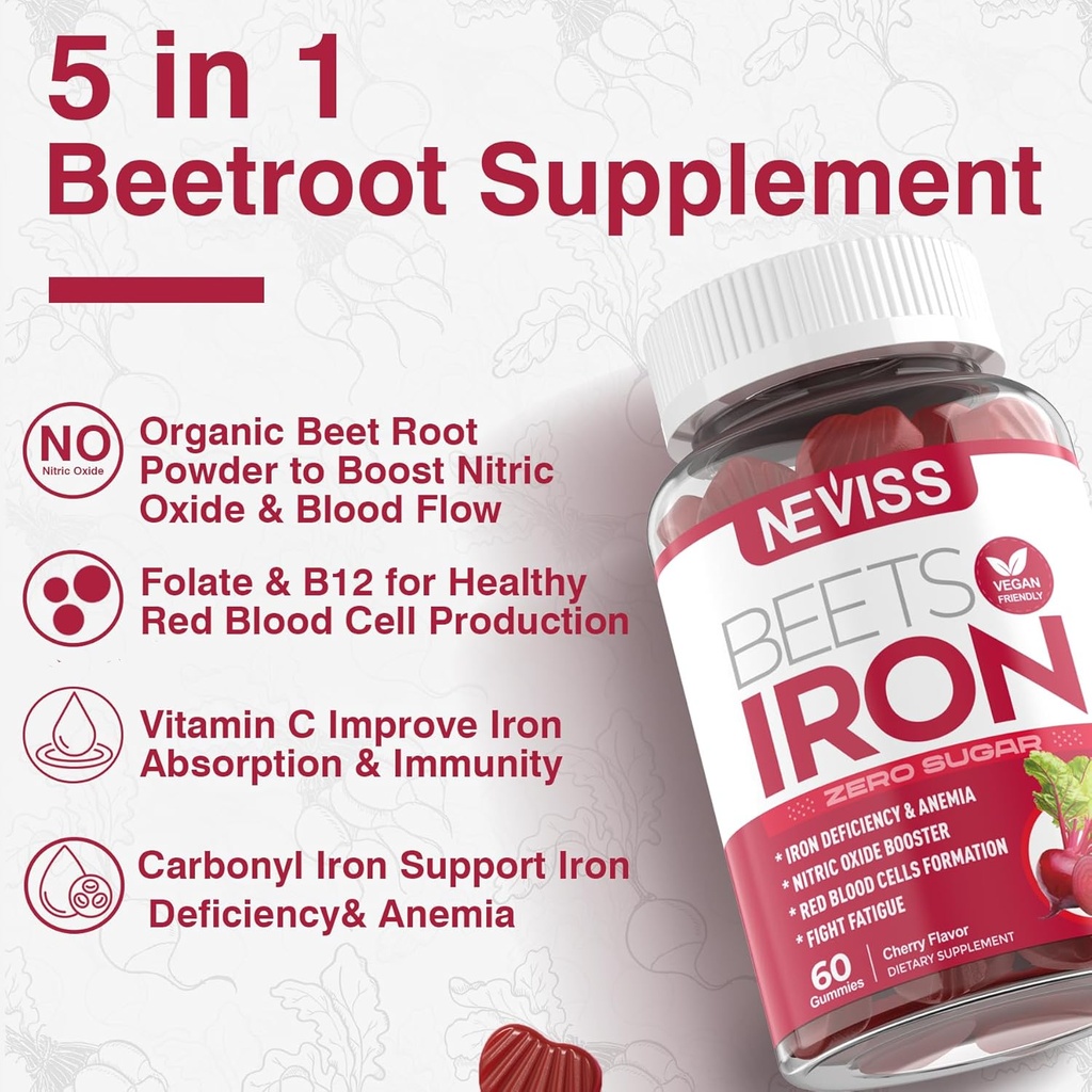 Beet Root Gummies with Iron, Methyl B12, Folate, Vitamin C - Increase Nitric Oxide & Iron Levels, Energy Support, Fight Fatigue, Beetroot & Gentle Iron Supplement, Sugar Free, 60 Counts 4