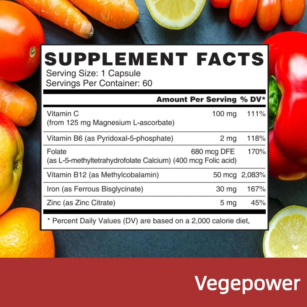 Iron Bisglycinate, 30mg Vegan Iron Supplement for Women & Men, Chelated with Vitamin C, B12, Folic Acid - Iron Pills for Anemia, High Absorption, Gluten-Free, Non-GMO - 60 Capsules 3
